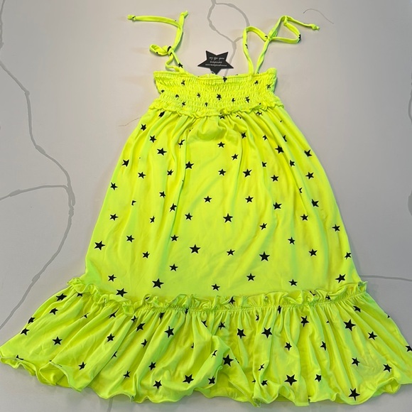 NWT Pixie Lane Simply Soft Tiered Smocked Maxi Dress Neon Lemon Black Stars 4T - Picture 1 of 5
